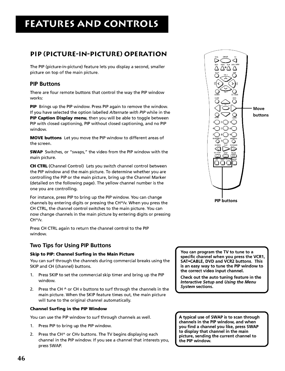 RCA CRT Television manual PIP PICTURE-IN-PICTURE Operation, Two Tips for Using PIP Buttons 