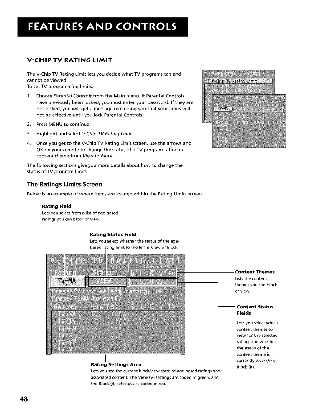 RCA CRT Television manual CH I P TV Rati NG Limit, Ratings Limits Screen, Rating Settings Area, Content Status Fields 