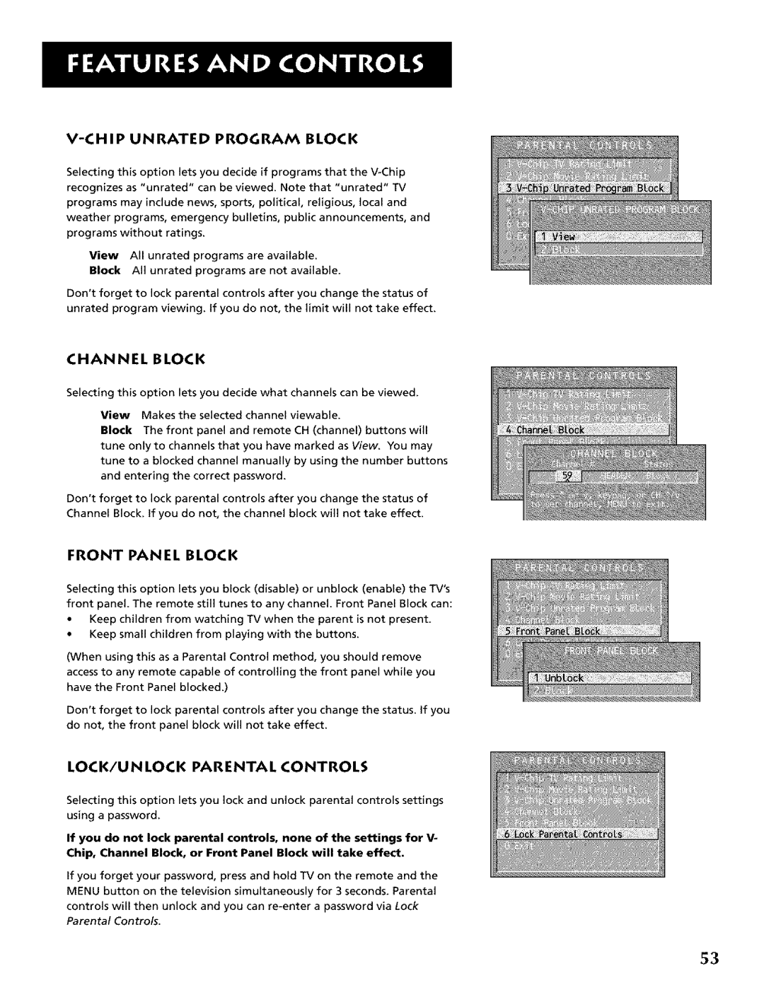 RCA CRT Television manual Chip Unrated Program Block, Channel Block, Front Panel Block, LOCK/UNLOCK Parental Controls 