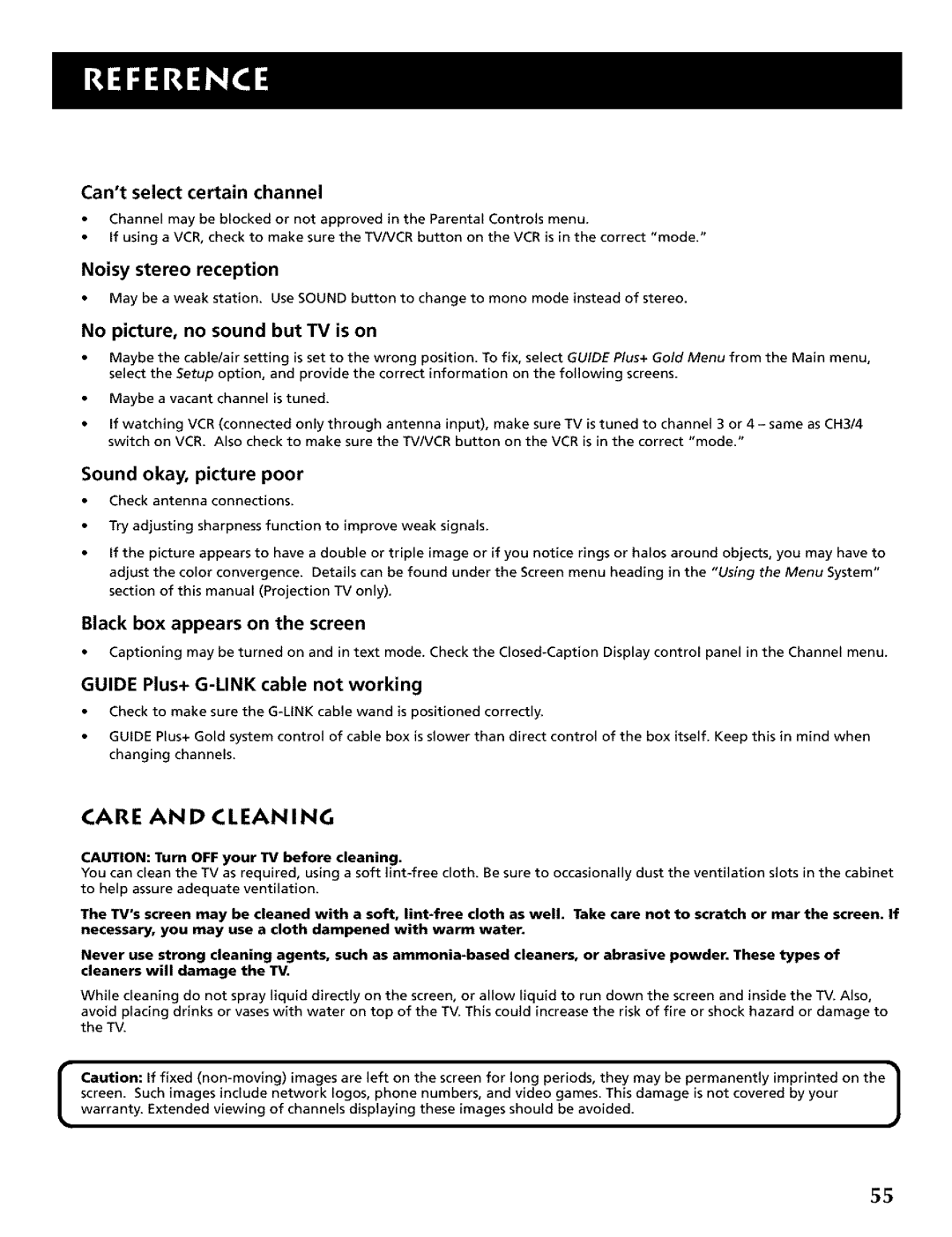 RCA CRT Television manual Care and Cleaning, Cant select certain channel, Sound okay, picture poor 