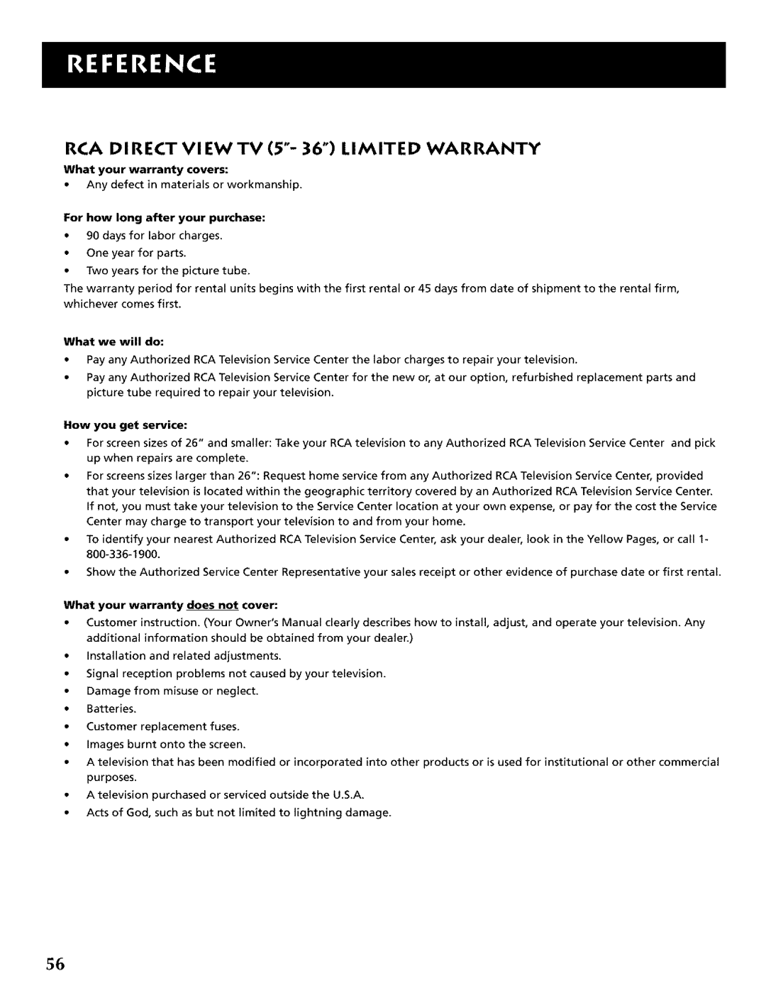 RCA CRT Television manual RCA DI Rect VI EW TV 5- 36 Limited Warranty 