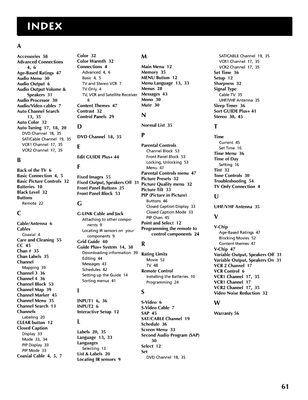 RCA CRT Television Normal List, Time Menu, Cable/Antenna 6 Cables, Care and Cleaning Chan # Front Panel Block, Channel 3 