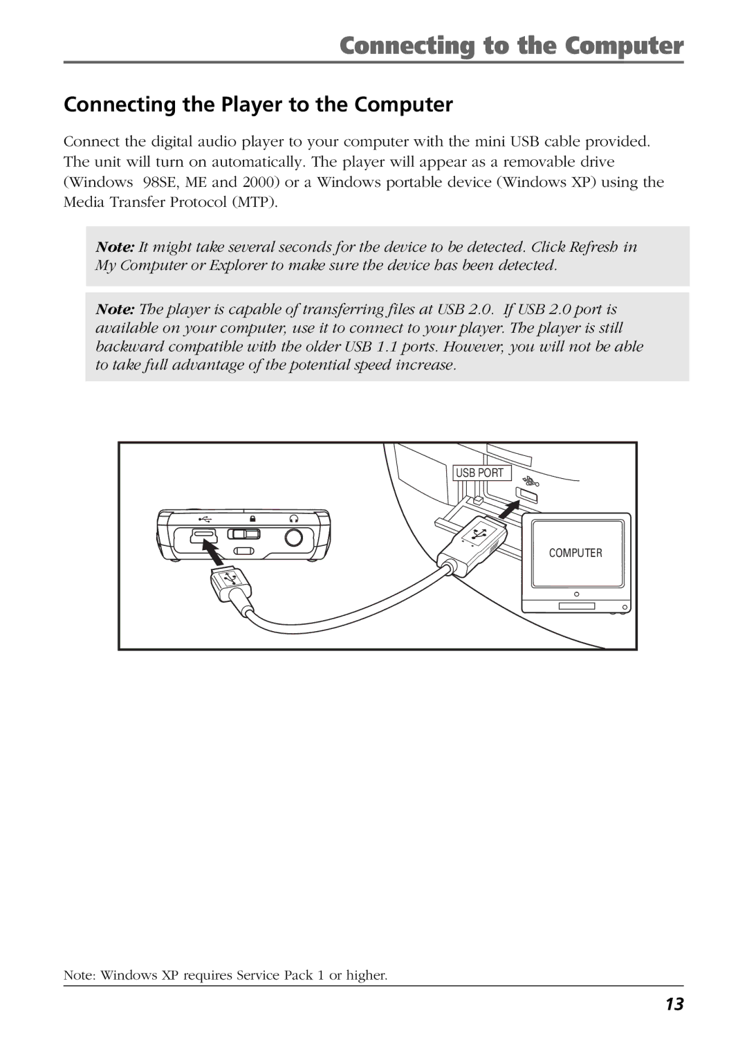 RCA CTM-980723-KS5 manual Connecting to the Computer, Connecting the Player to the Computer 