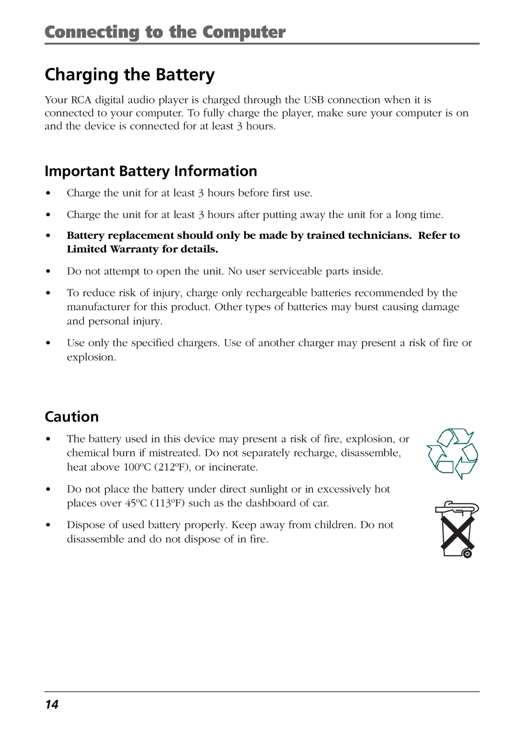 RCA CTM-980723-KS5 manual Charging the Battery, Important Battery Information 