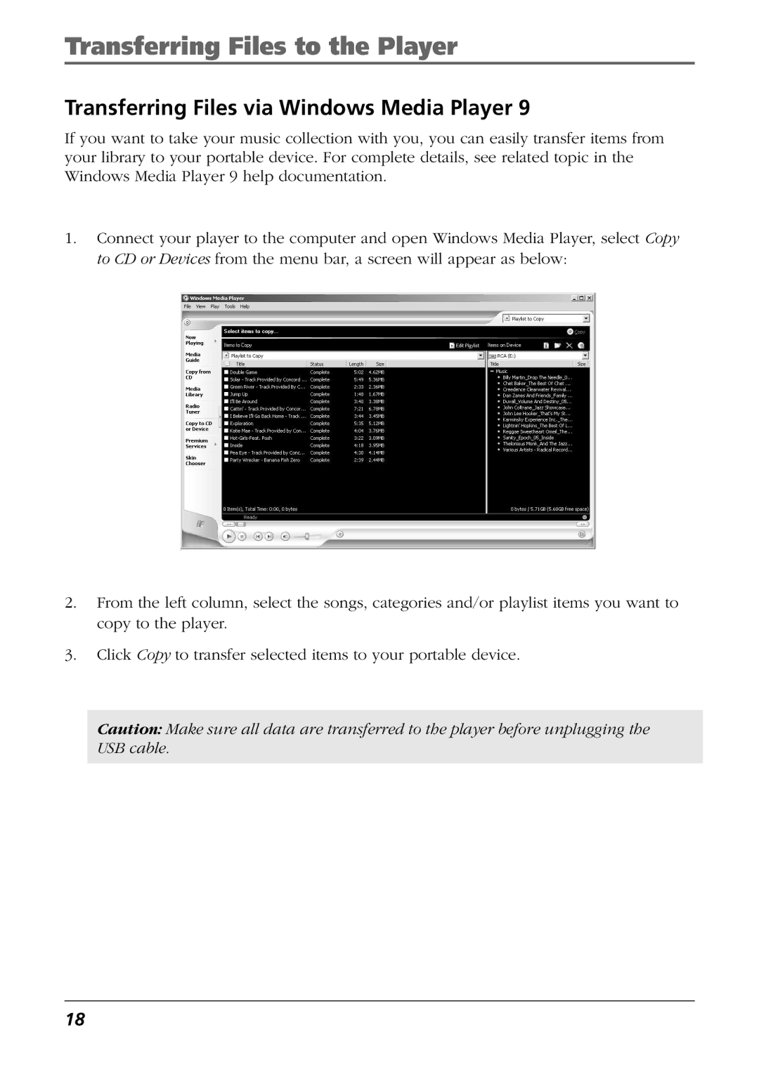 RCA CTM-980723-KS5 manual Transferring Files via Windows Media Player 