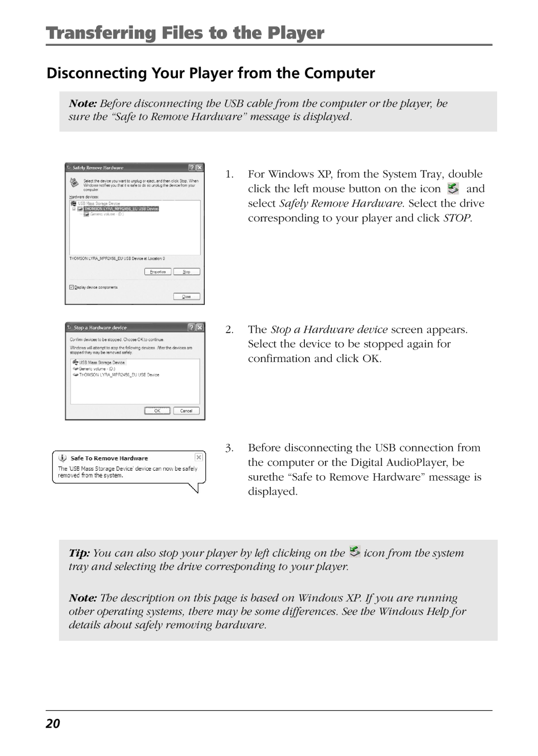 RCA CTM-980723-KS5 manual Disconnecting Your Player from the Computer 