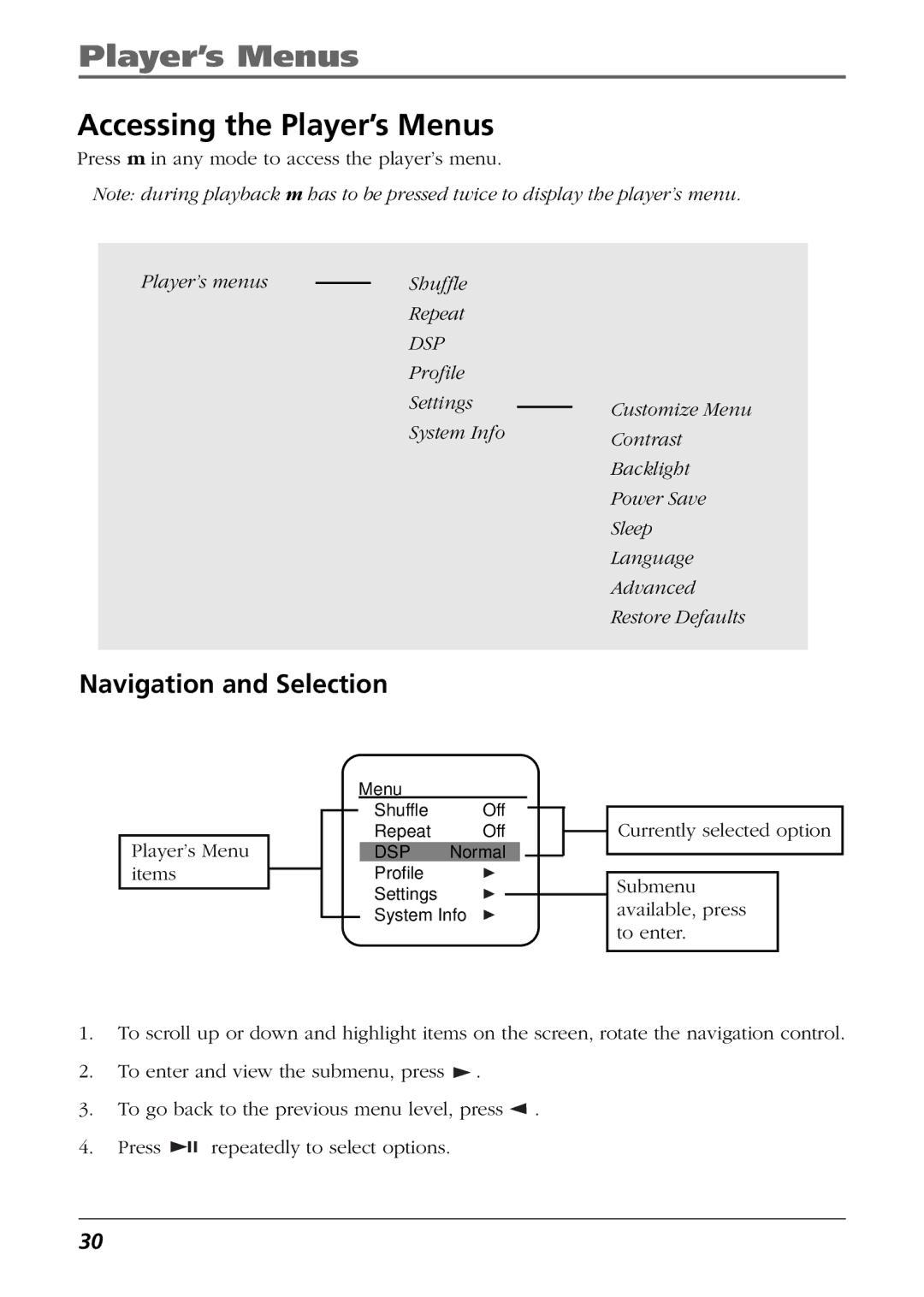 RCA CTM-980723-KS5 manual Accessing the Player’s Menus, Navigation and Selection 