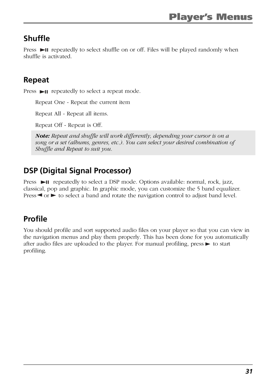 RCA CTM-980723-KS5 manual Shuffle, Repeat, DSP Digital Signal Processor, Profile 