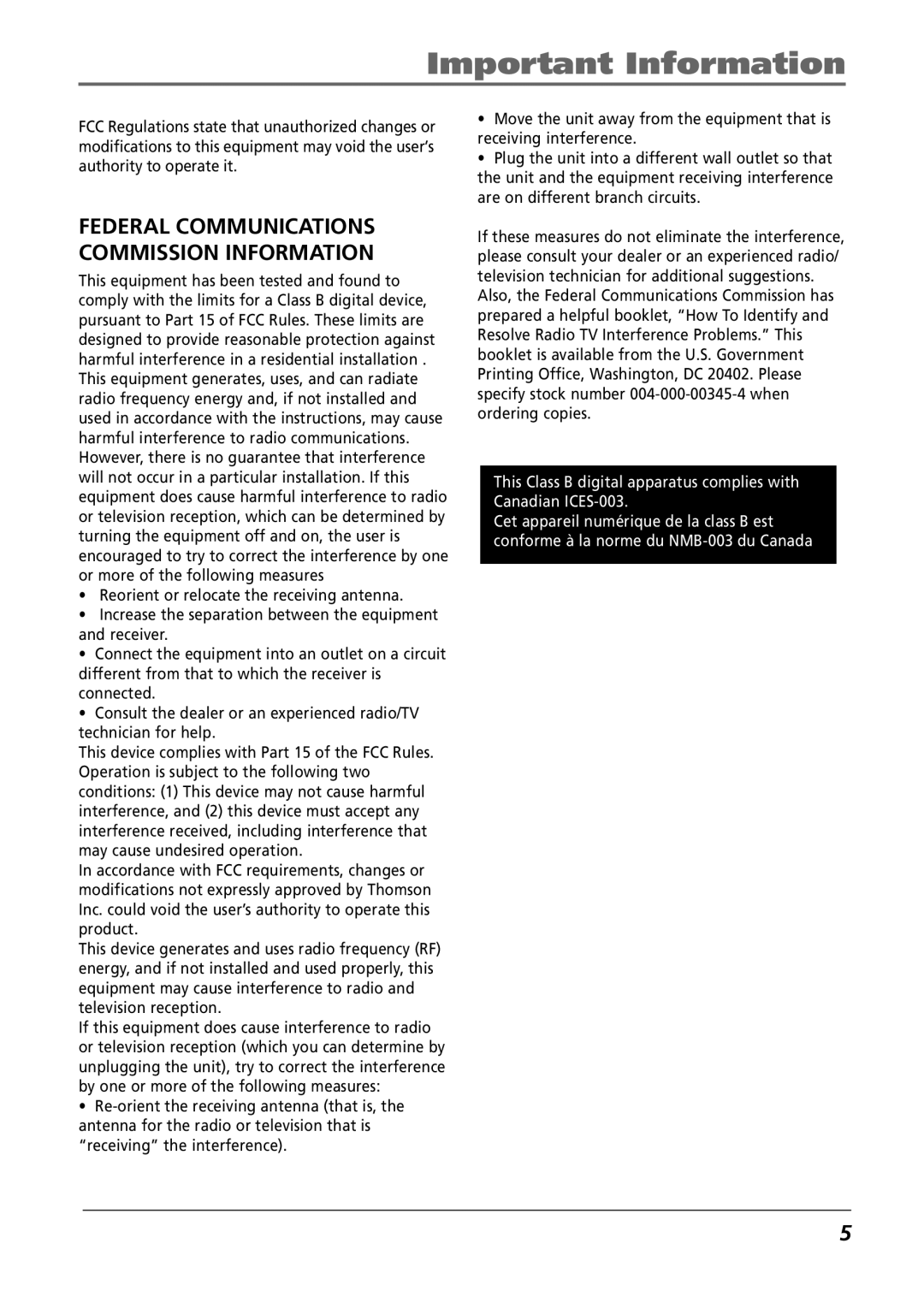 RCA CTM-980723-KS5 manual Federal Communications Commission Information 