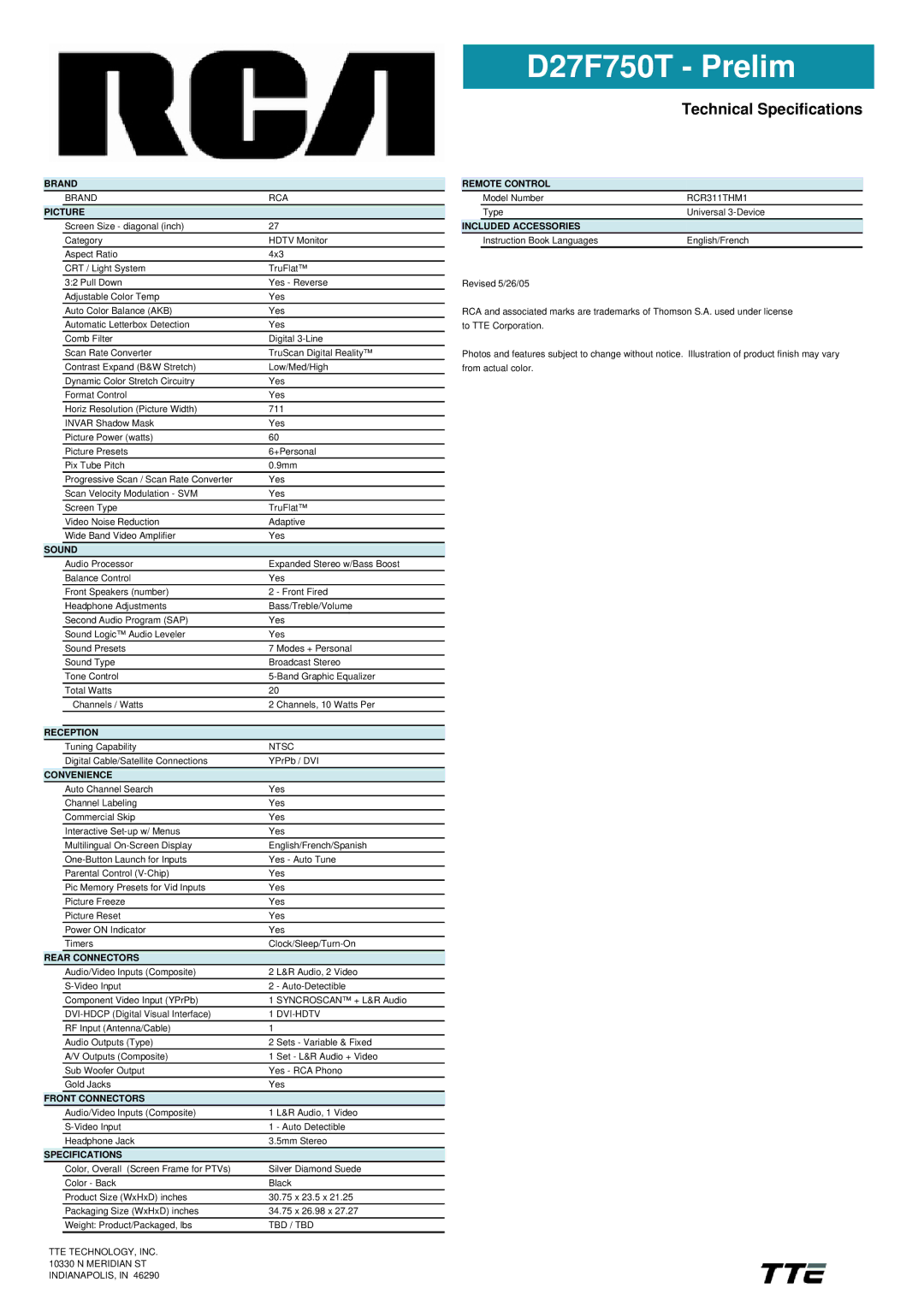 RCA D27F750T manual Brand, Picture, Sound, Reception, Convenience, Rear Connectors, Front Connectors, Specifications 