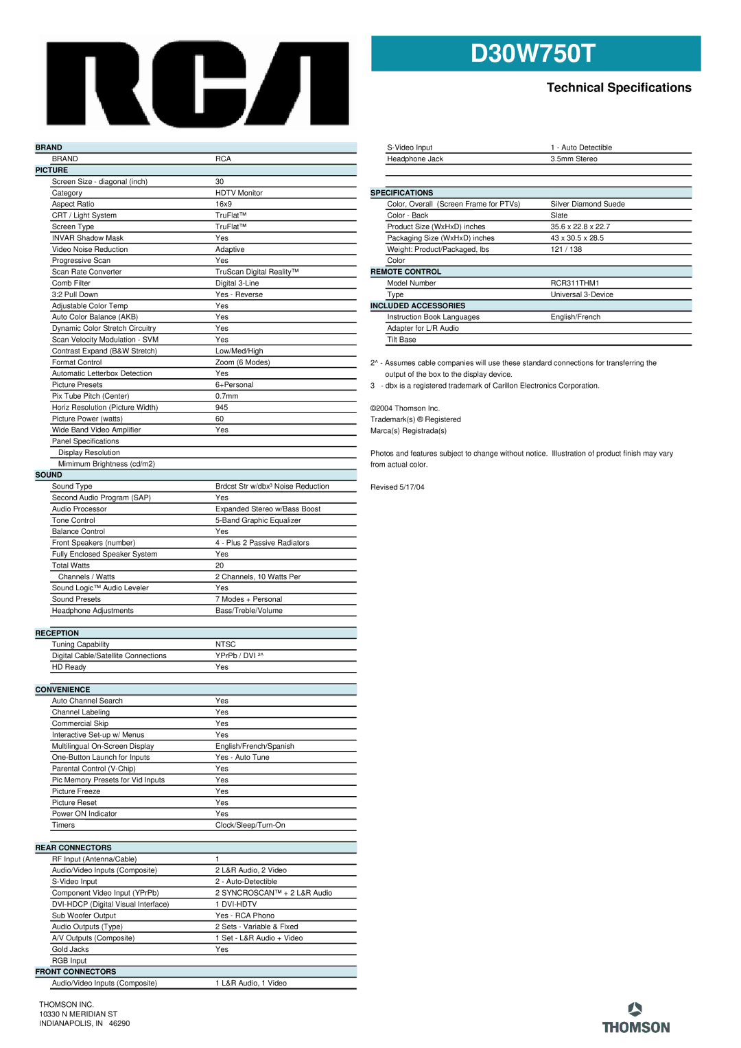 RCA D30W750T manual Brand, Picture, Sound, Reception, Convenience, Rear Connectors, Front Connectors, Specifications 