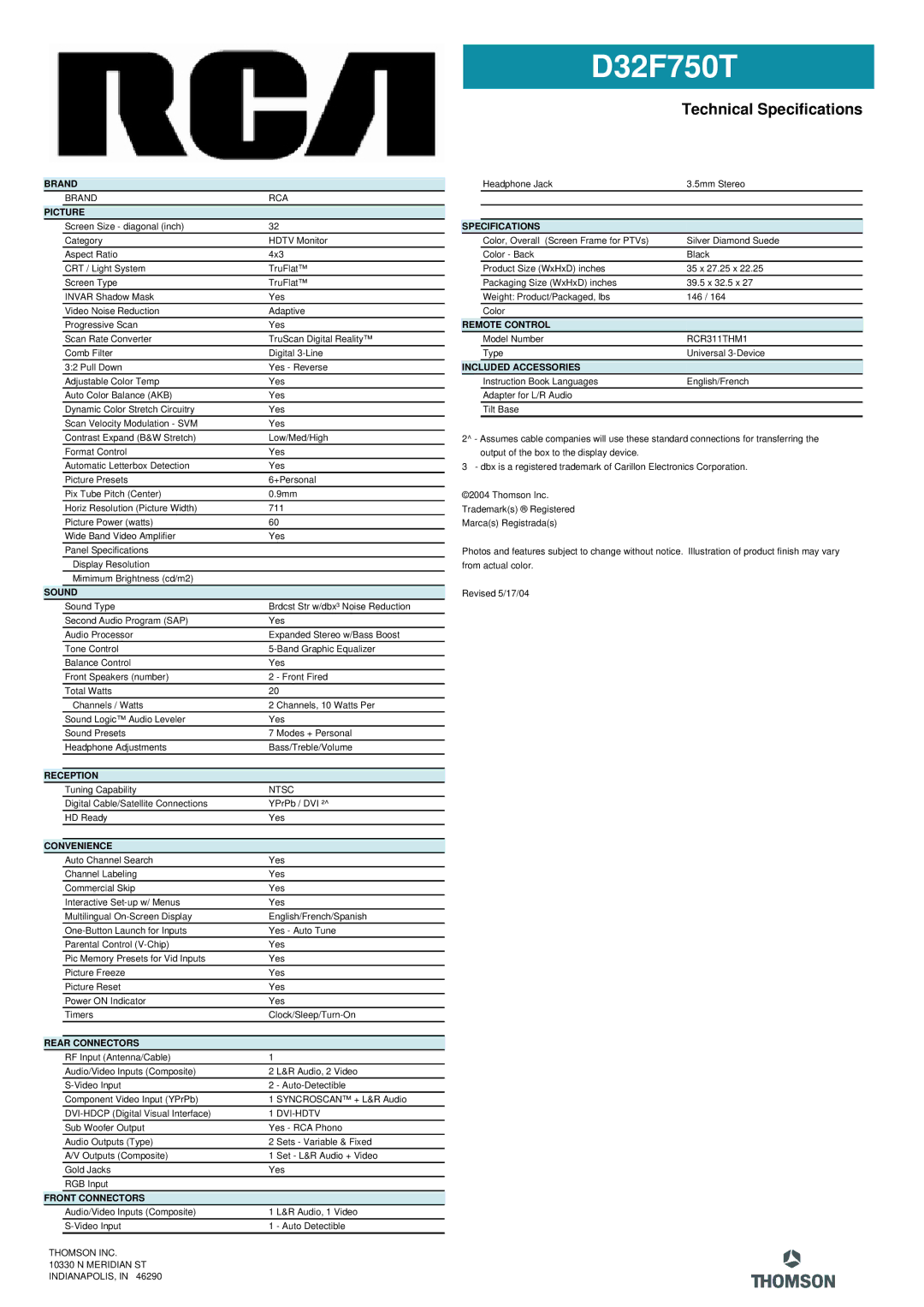 RCA D32F750T manual Brand, Picture, Sound, Reception, Convenience, Rear Connectors, Front Connectors, Specifications 