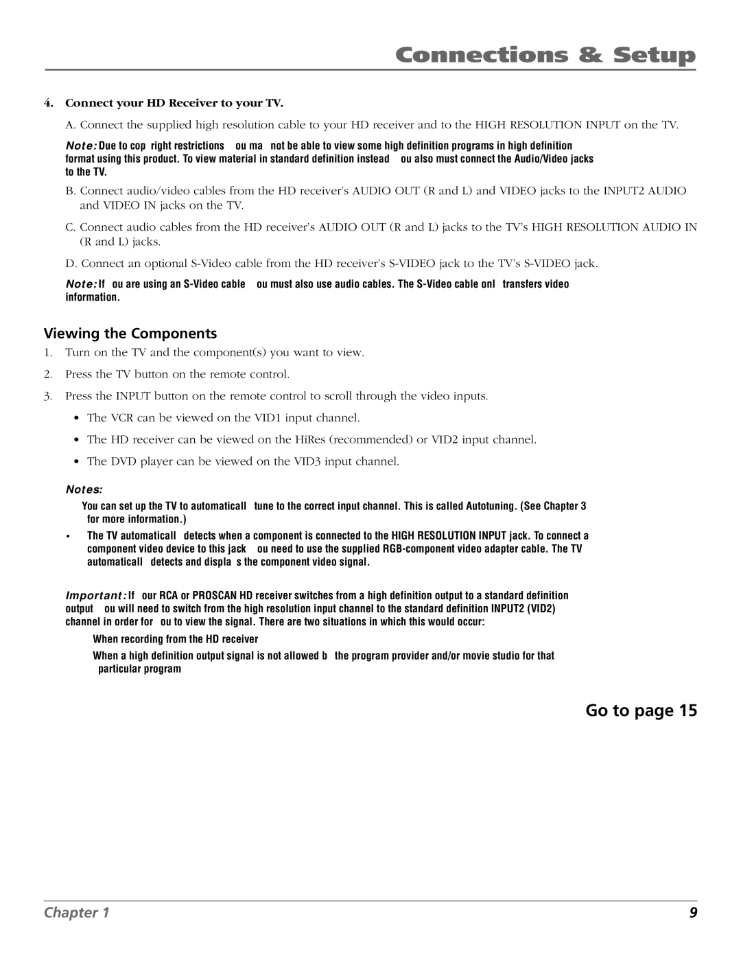 RCA D32TF20 manual Go to, Viewing the Components 