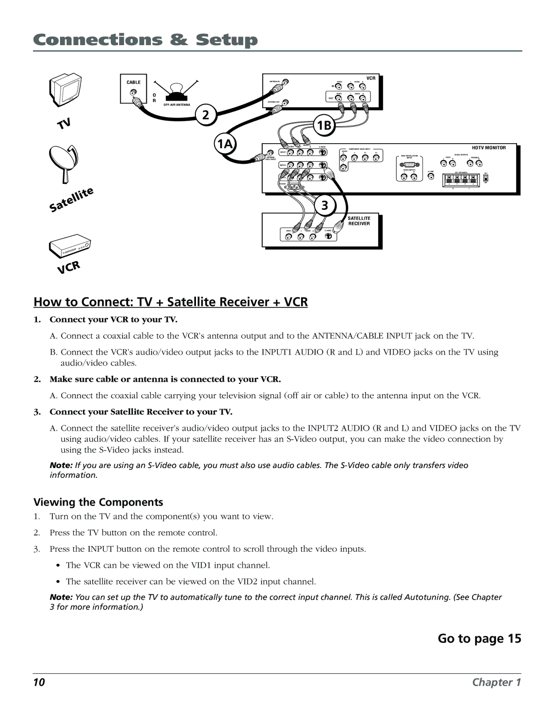 RCA D32TF20 manual How to Connect TV + Satellite Receiver + VCR, Connect your Satellite Receiver to your TV 