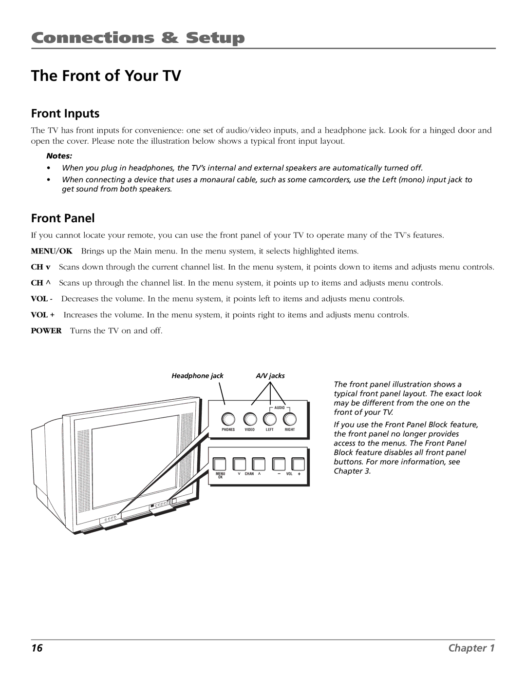 RCA D32TF20 manual Front of Your TV, Front Inputs, Front Panel 