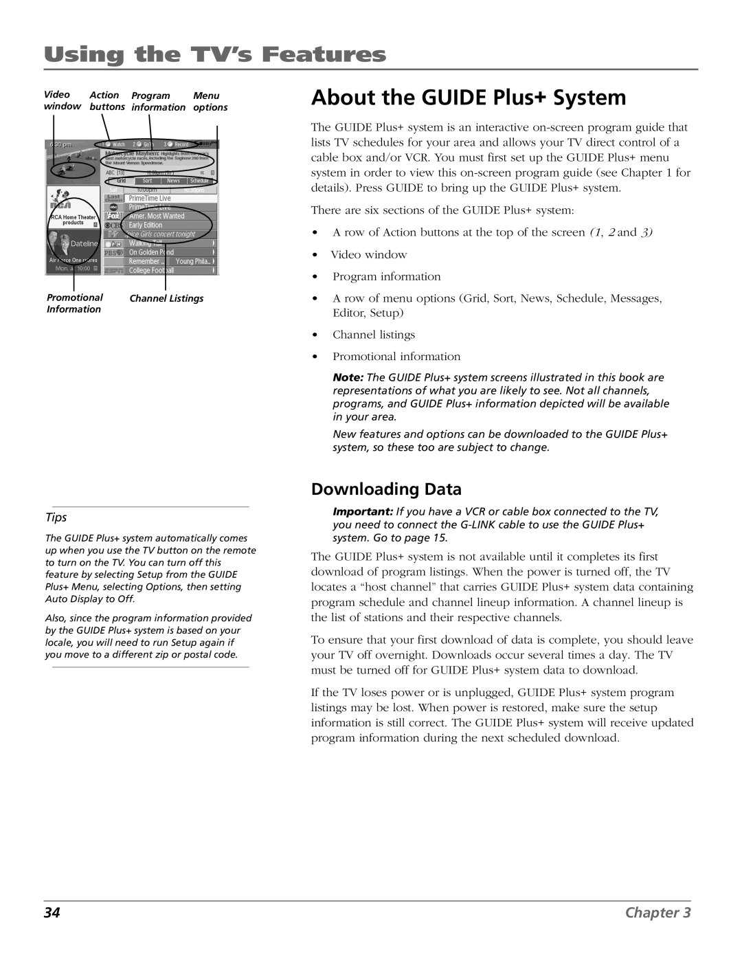 RCA D32TF20 manual Using the TV’s Features, About the Guide Plus+ System, Downloading Data 