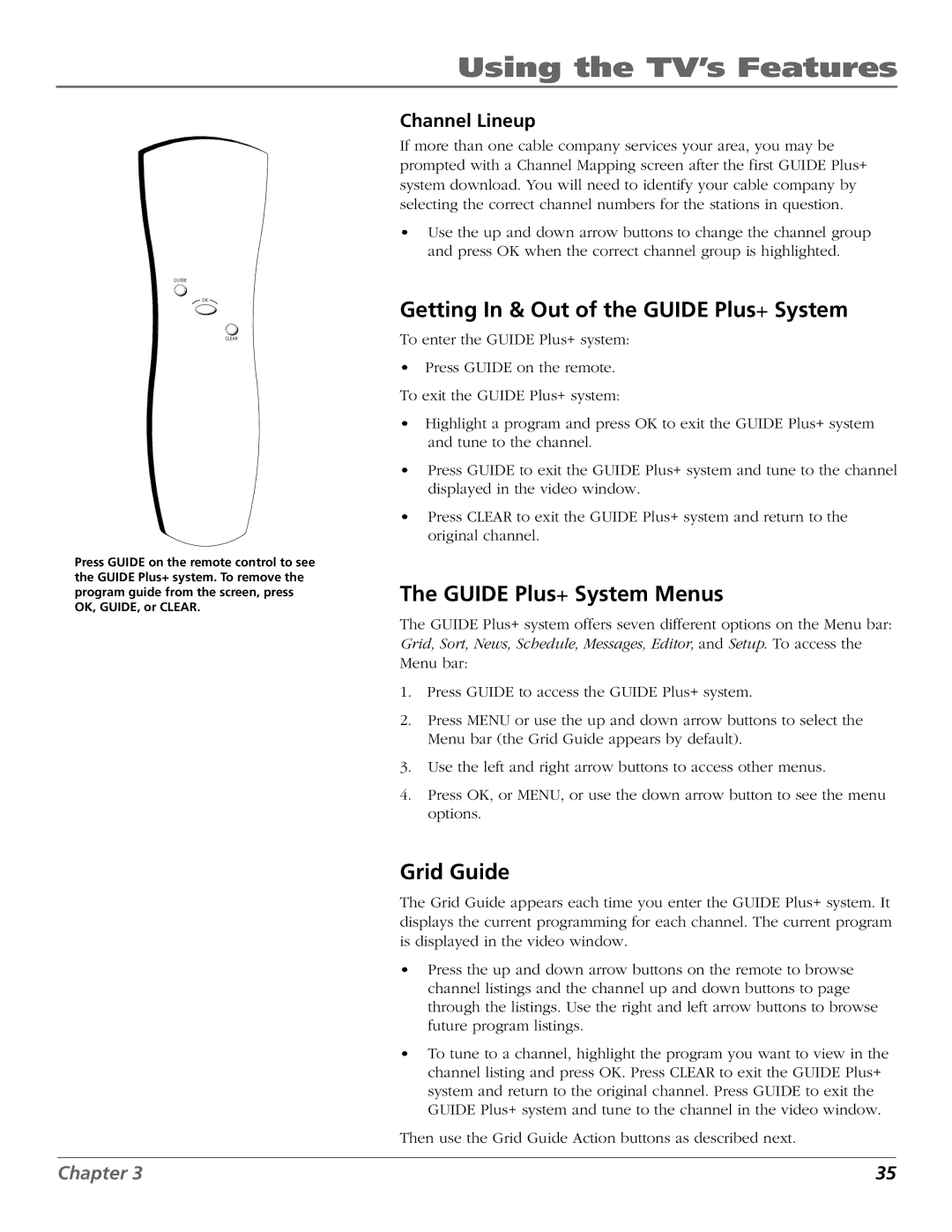 RCA D32TF20 manual Getting In & Out of the Guide Plus+ System, Guide Plus+ System Menus, Grid Guide, Channel Lineup 