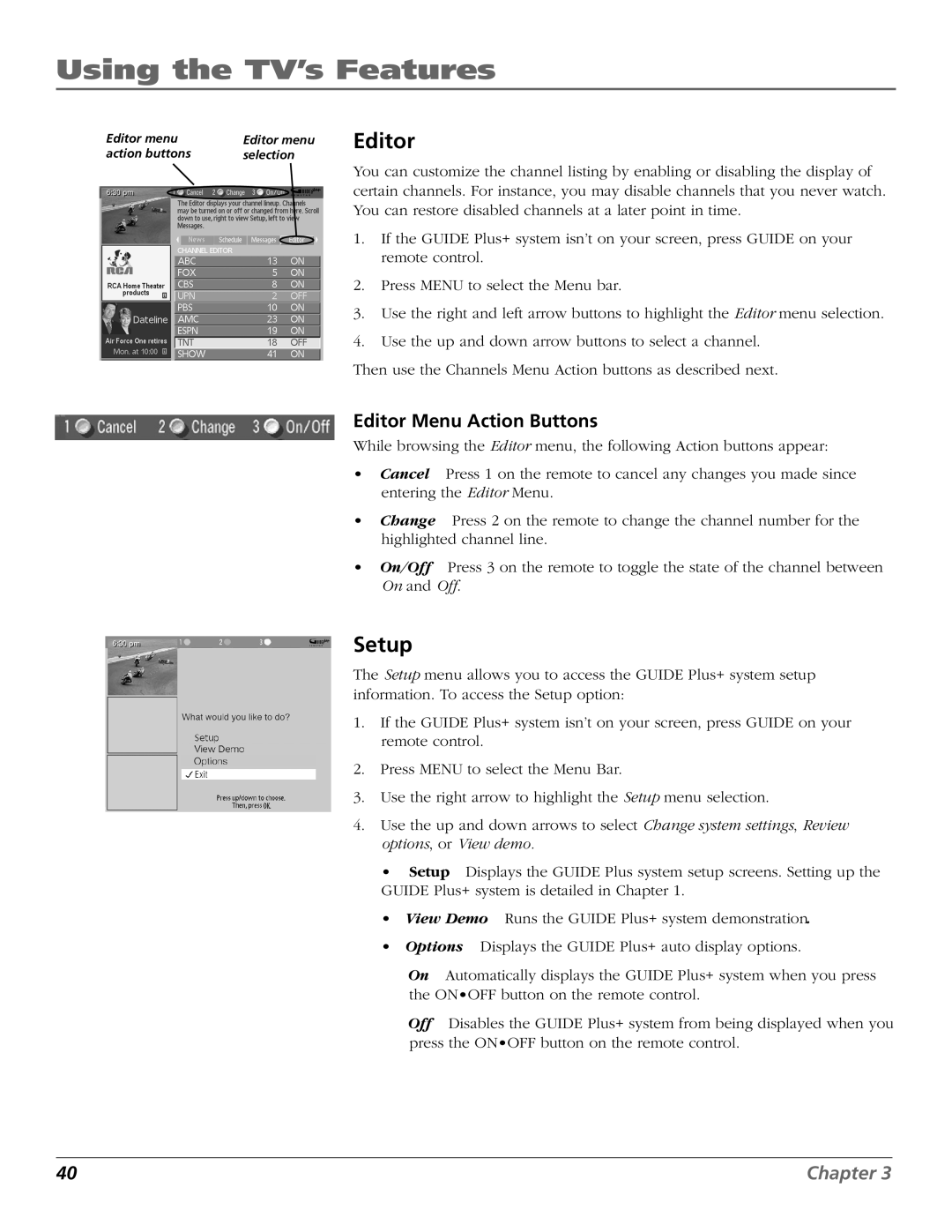 RCA D32TF20 manual Setup, Editor Menu Action Buttons 