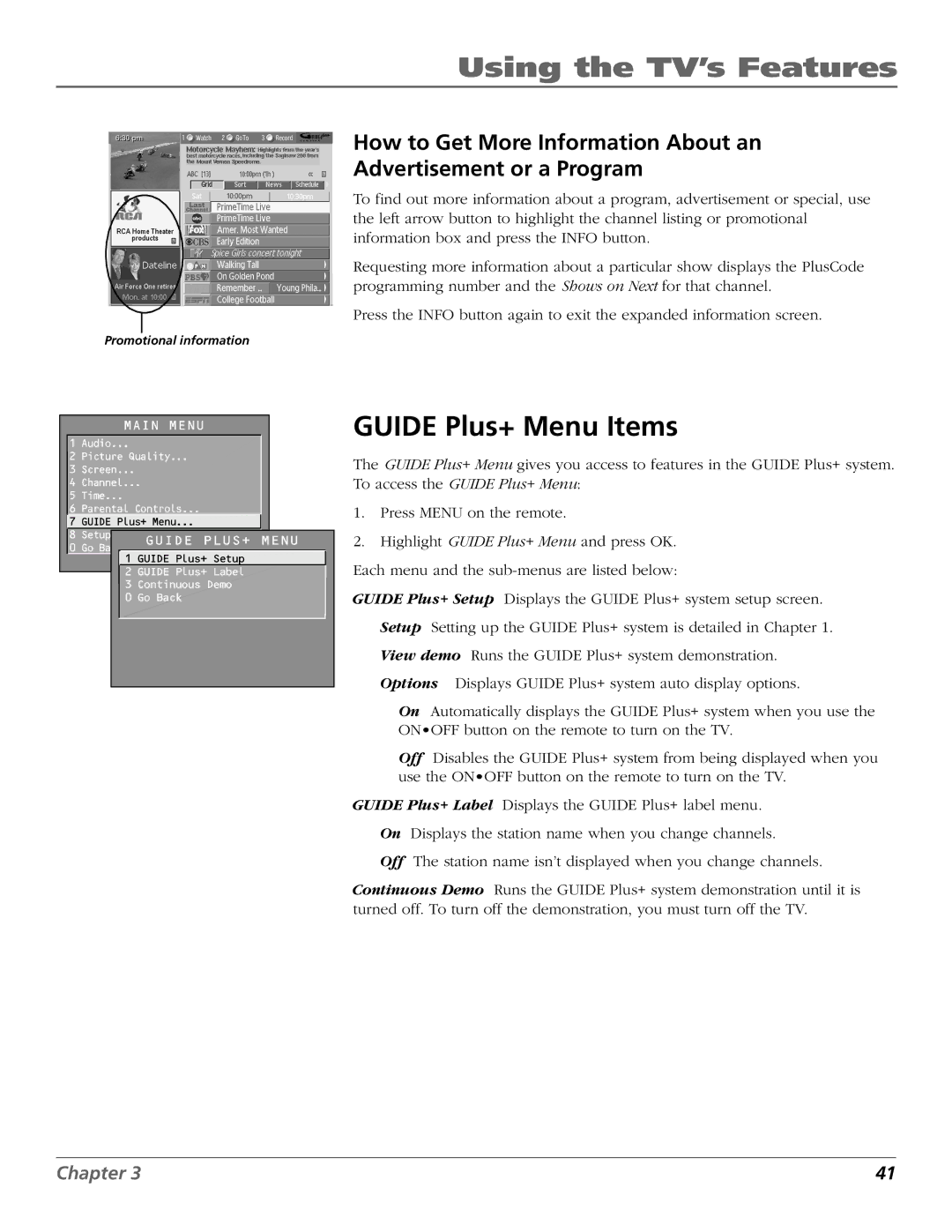 RCA D32TF20 manual Guide Plus+ Menu Items, Promotional information 