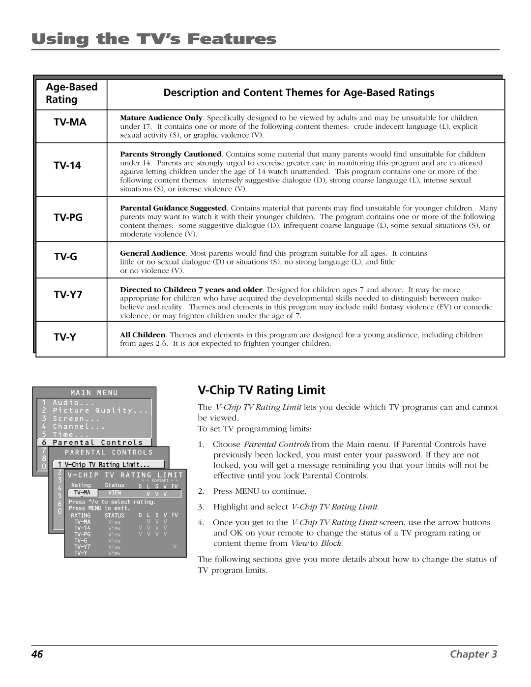 RCA D32TF20 manual Chip TV Rating Limit, TV-14, TV-Y7 