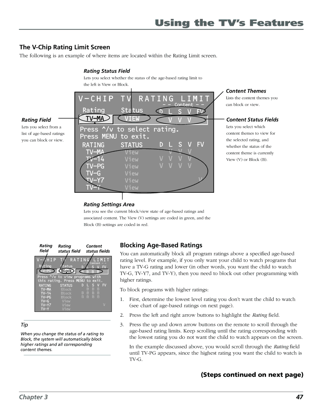 RCA D32TF20 manual V-Chip Rating Limit Screen, Blocking Age-Based Ratings, Steps on next 