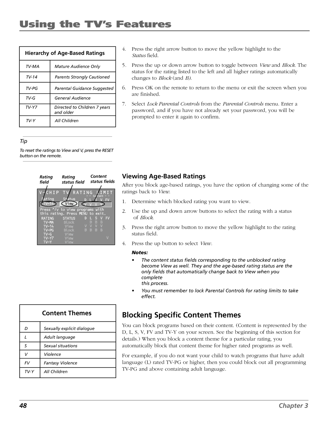 RCA D32TF20 manual Blocking Specific Content Themes, Viewing Age-Based Ratings, Hierarchy of Age-Based Ratings 