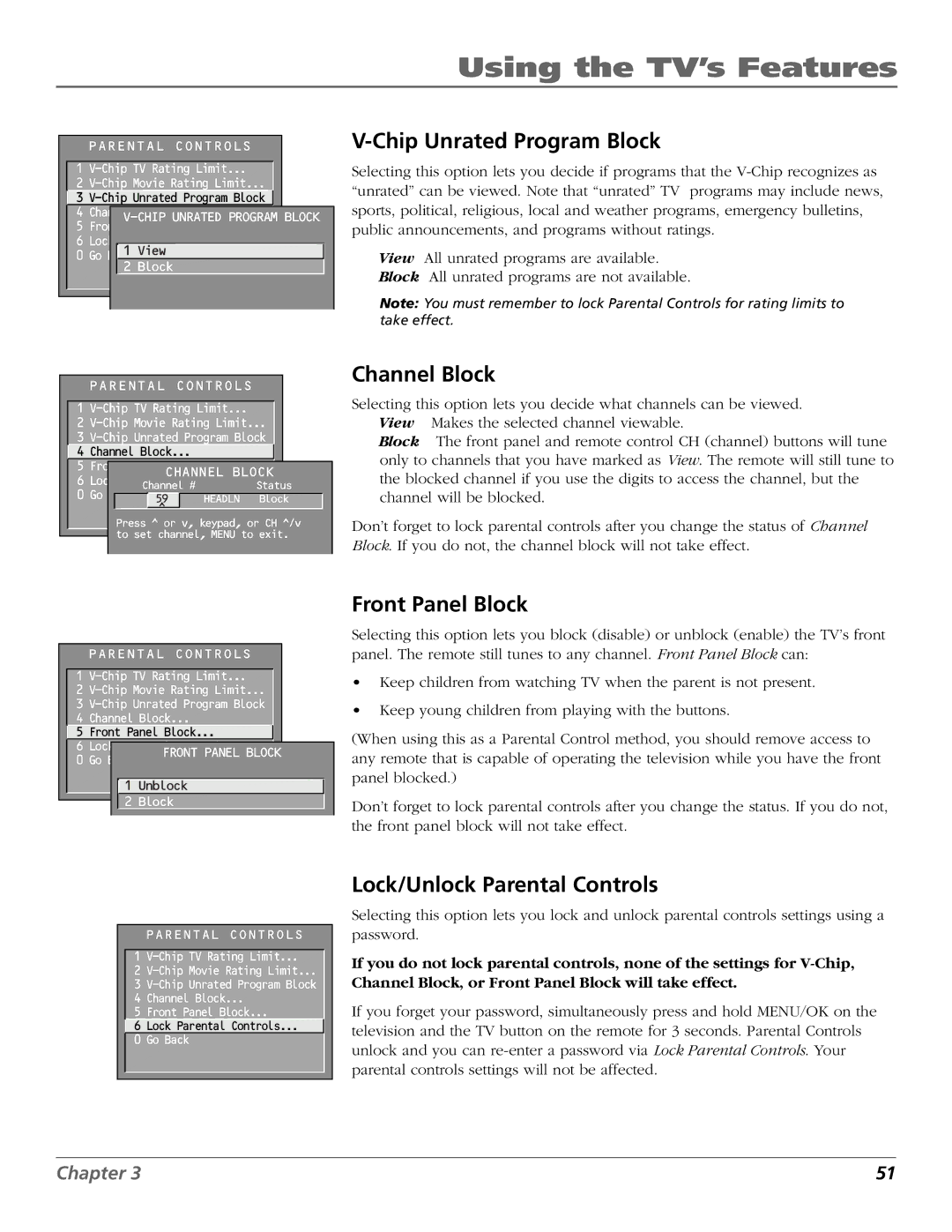 RCA D32TF20 manual Chip Unrated Program Block, Channel Block, Front Panel Block, Lock/Unlock Parental Controls 