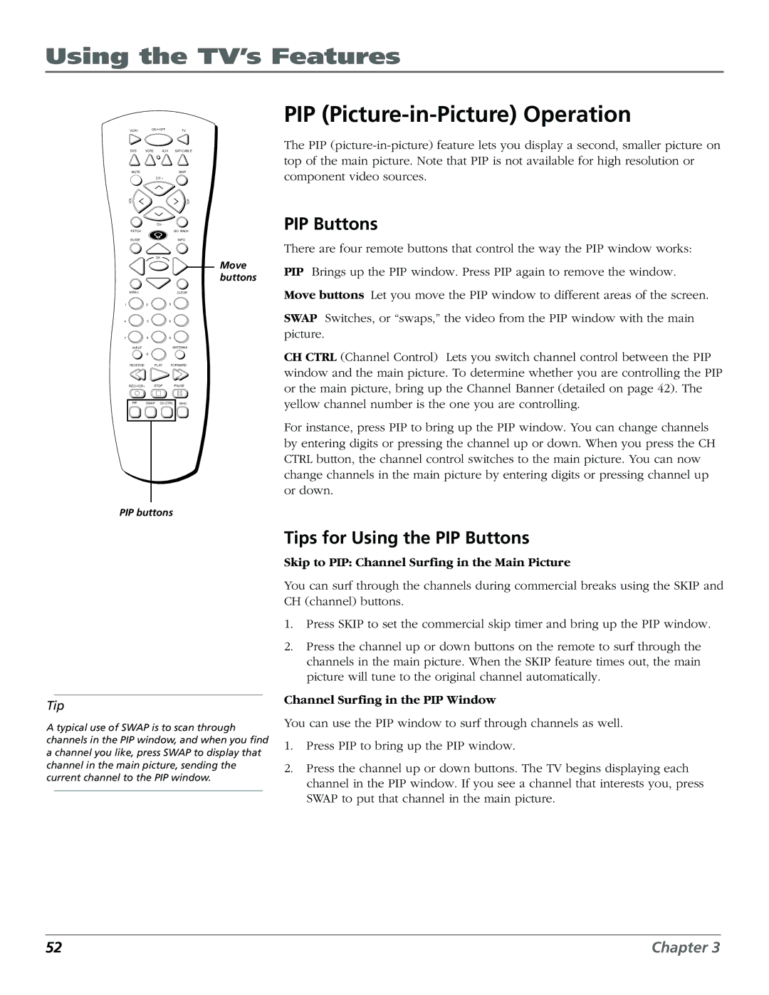 RCA D32TF20 manual PIP Picture-in-Picture Operation, Tips for Using the PIP Buttons 