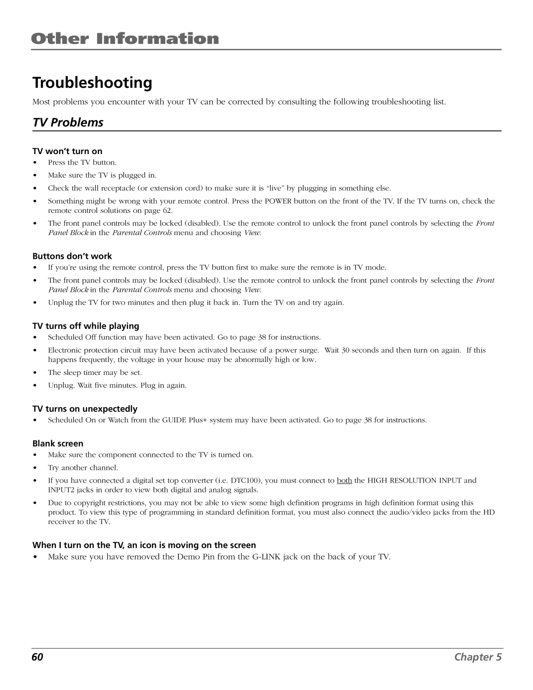 RCA D32TF20 manual Other Information, Troubleshooting 