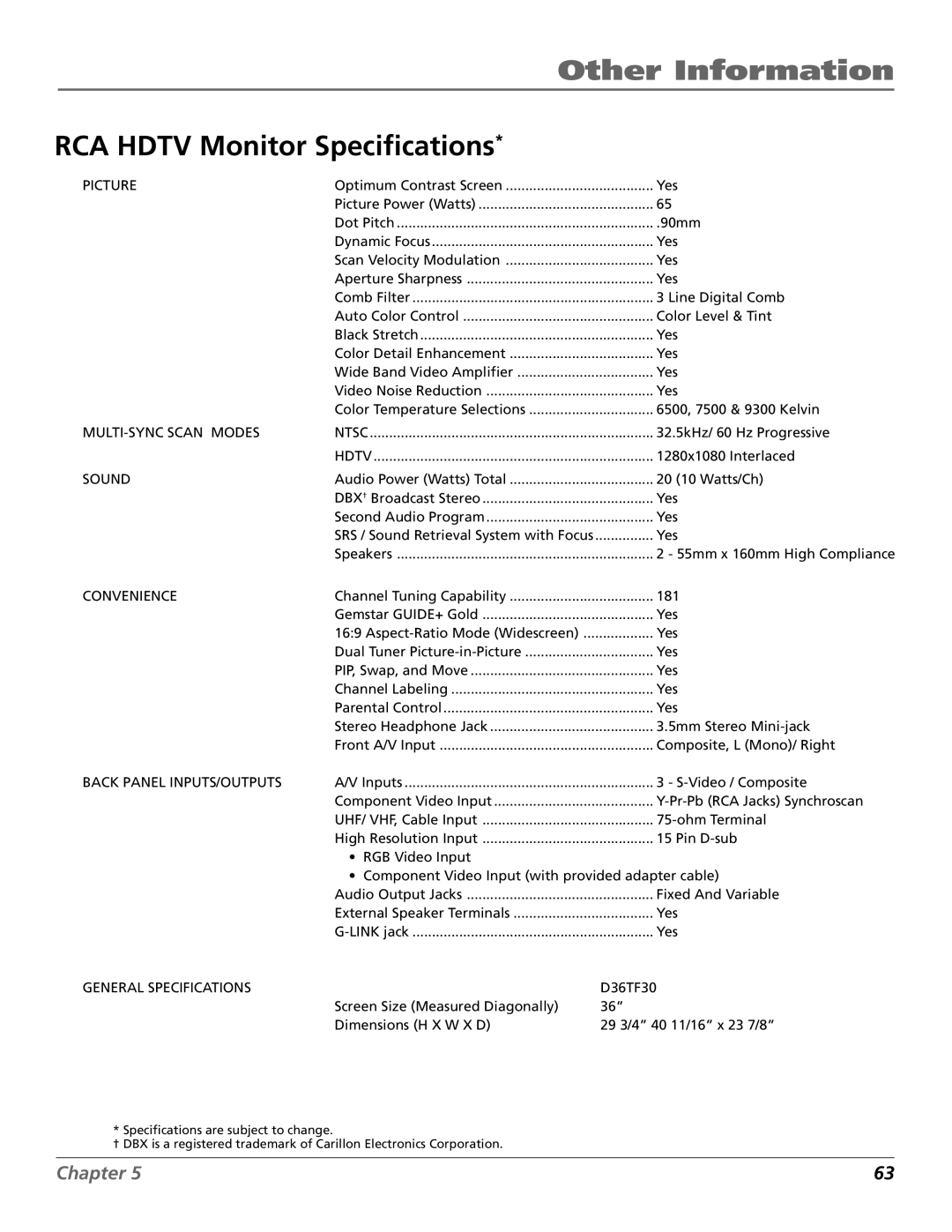 RCA D32TF20 manual RCA Hdtv Monitor Specifications, Picture 