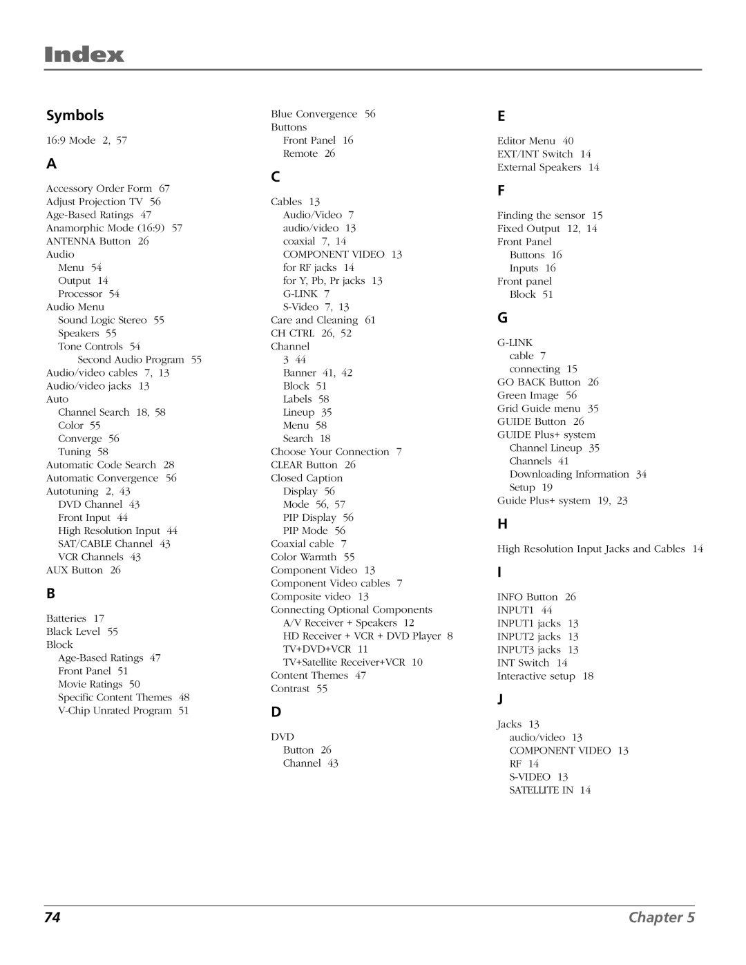 RCA D32TF20 manual Index, Symbols 