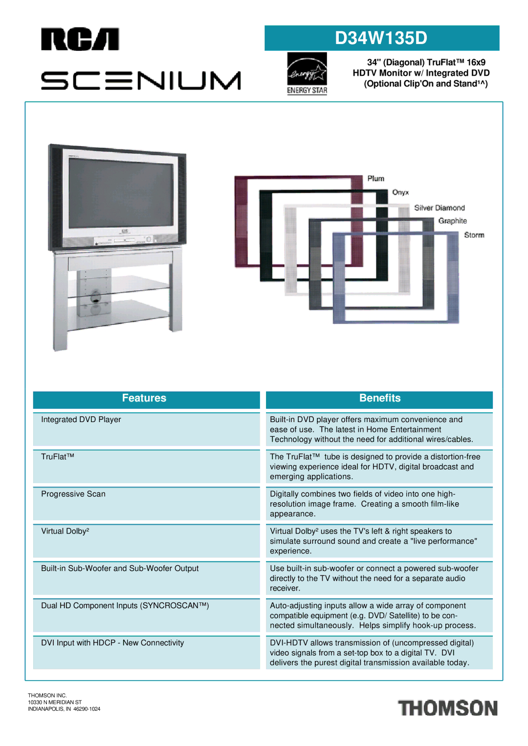 RCA D34W135D manual Features, Benefits, Thomson INC Meridian ST INDIANAPOLIS 