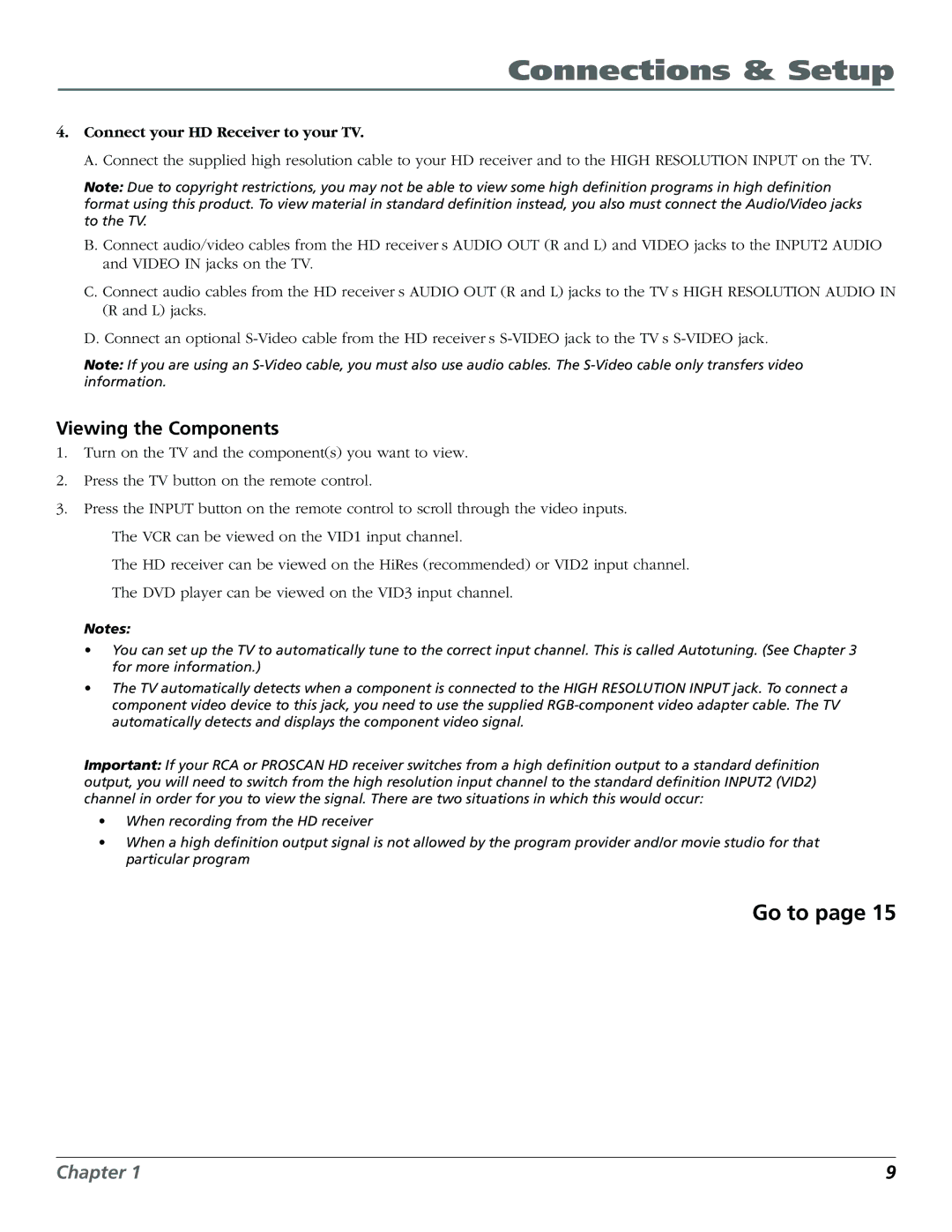 RCA D36120 manual Go to, Viewing the Components 