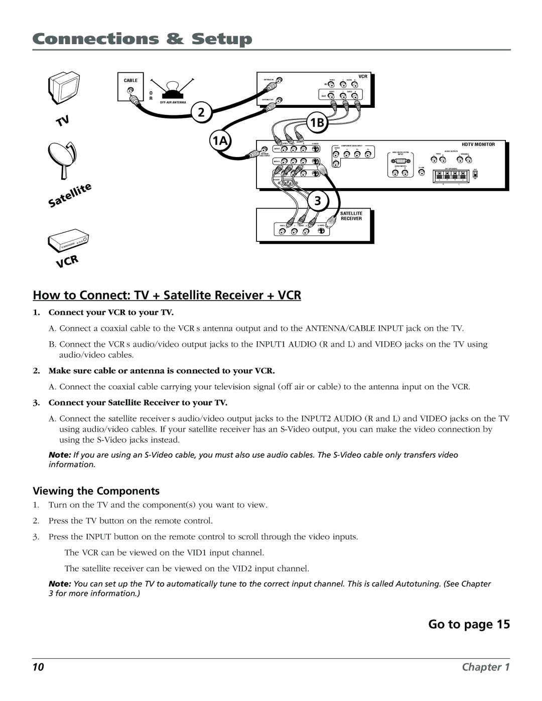 RCA D36120 manual How to Connect TV + Satellite Receiver + VCR, Connect your Satellite Receiver to your TV 