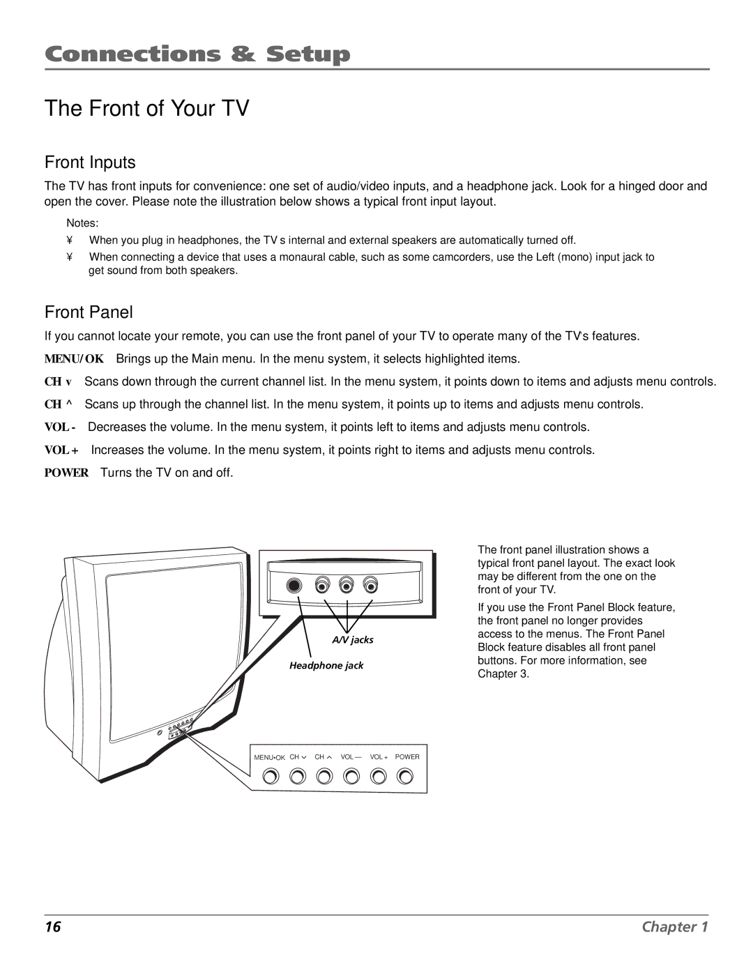 RCA D36120 manual Front of Your TV, Front Inputs, Front Panel 