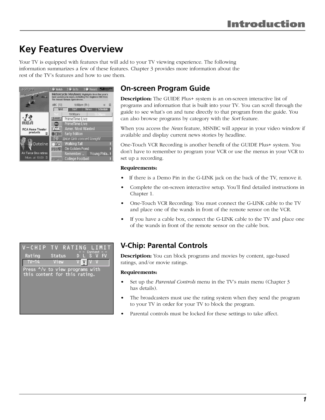 RCA D36120 manual Introduction, Key Features Overview, On-screen Program Guide, Chip Parental Controls 