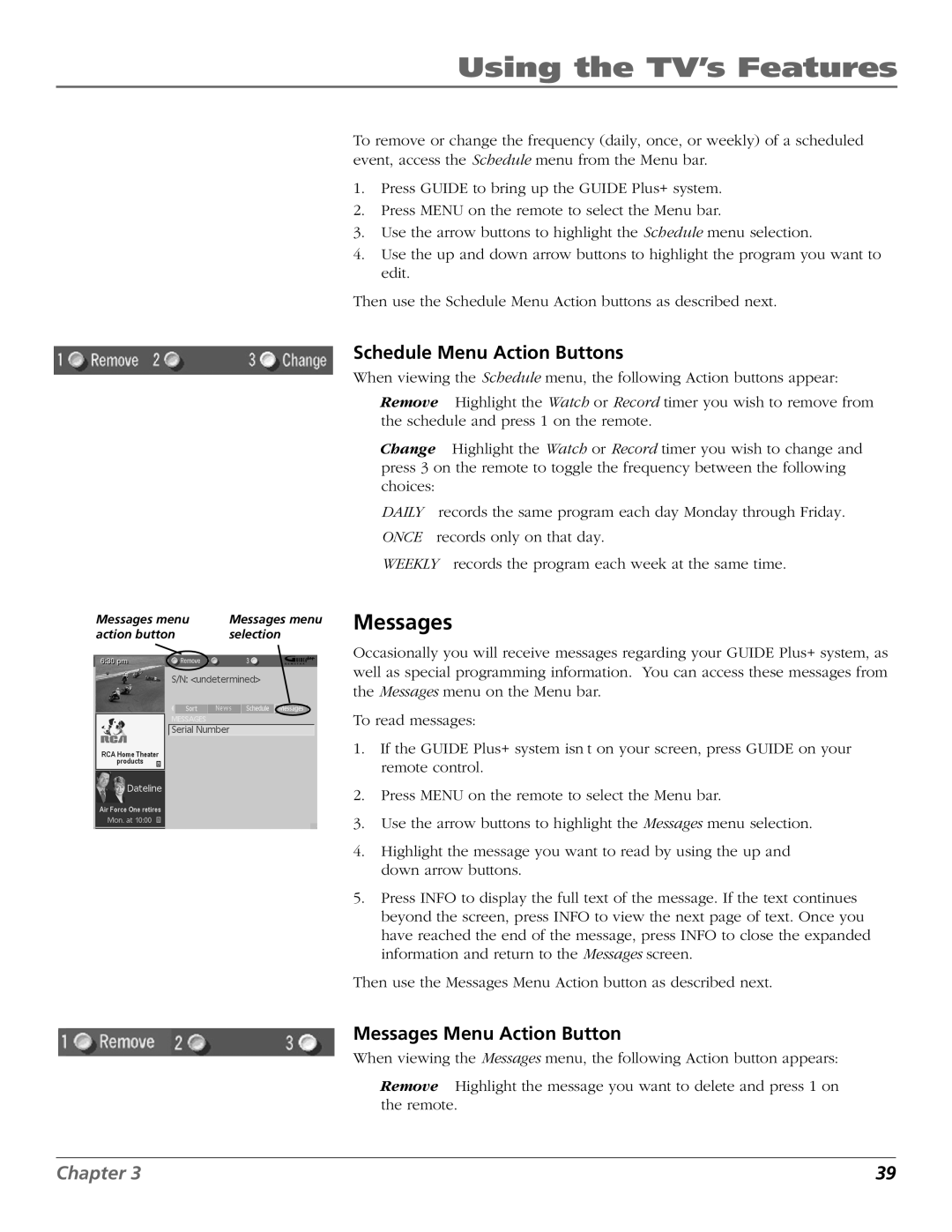 RCA D36120 manual Schedule Menu Action Buttons, Messages Menu Action Button 