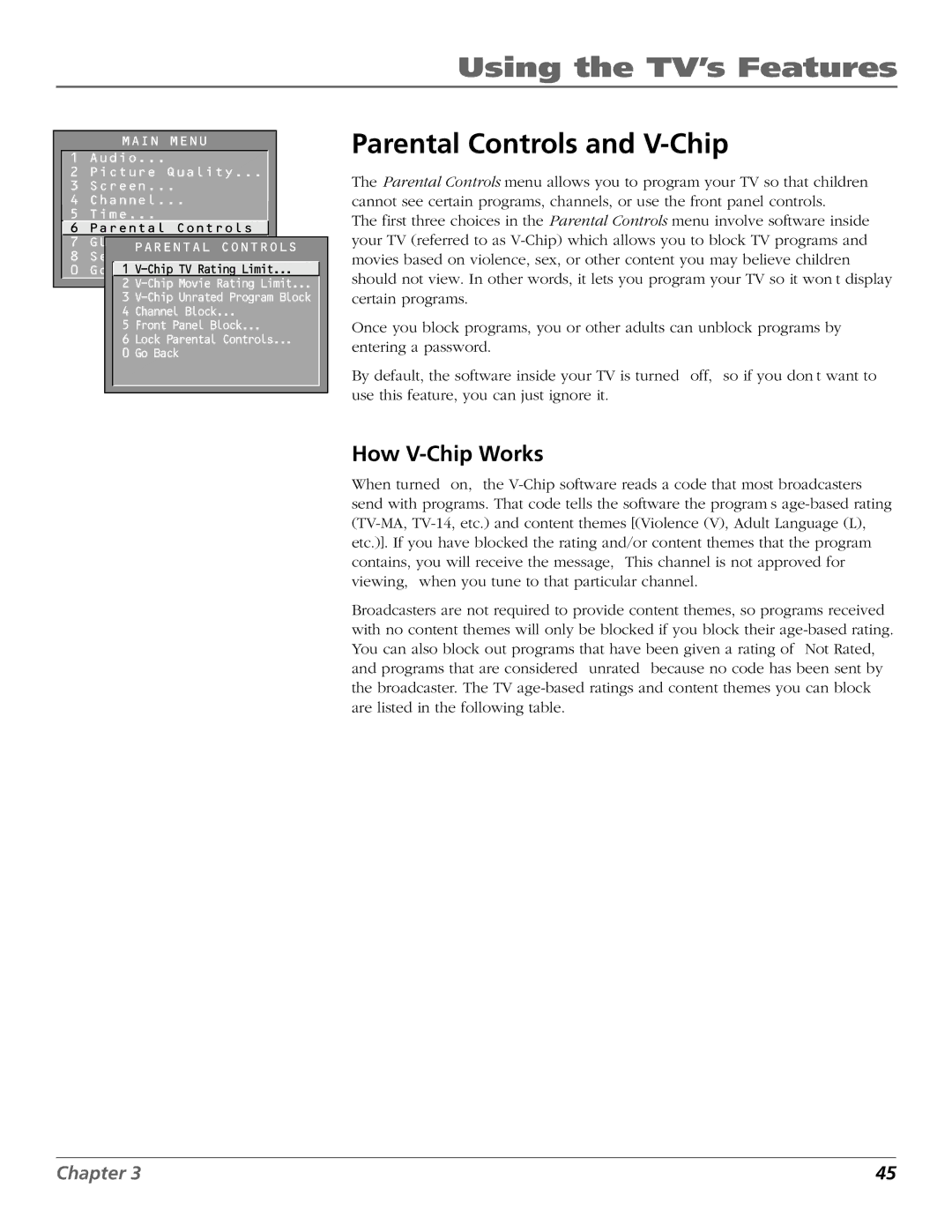 RCA D36120 manual Parental Controls and V-Chip, How V-Chip Works 