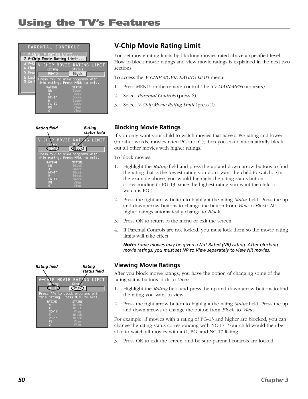 RCA D36120 manual Chip Movie Rating Limit, Blocking Movie Ratings, Viewing Movie Ratings 