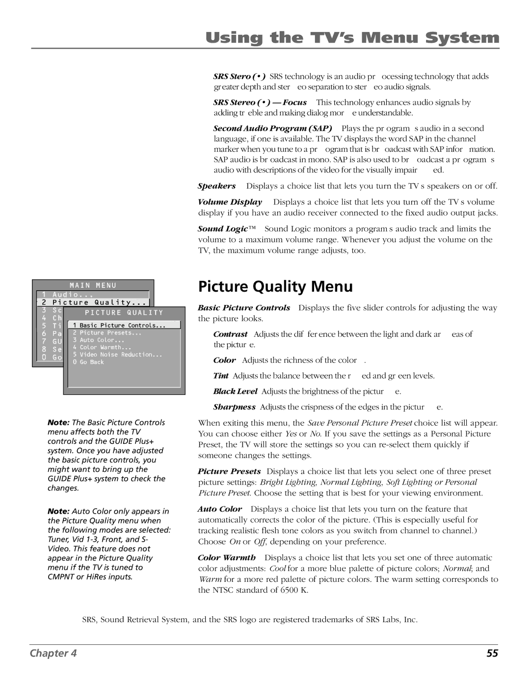 RCA D36120 manual Picture Quality Menu 