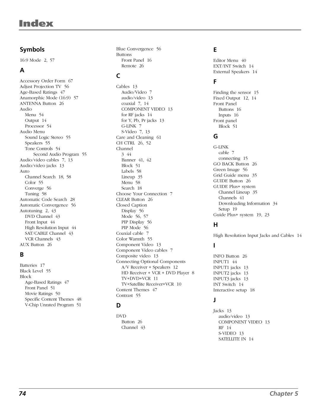 RCA D36120 manual Index, Symbols 