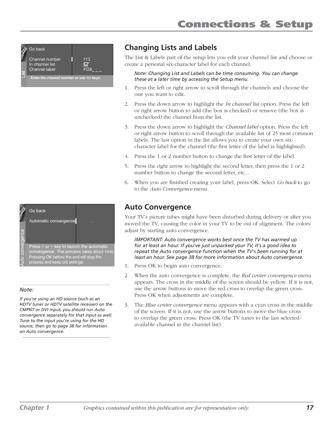 RCA D40W15B manual Changing Lists and Labels, Auto Convergence 