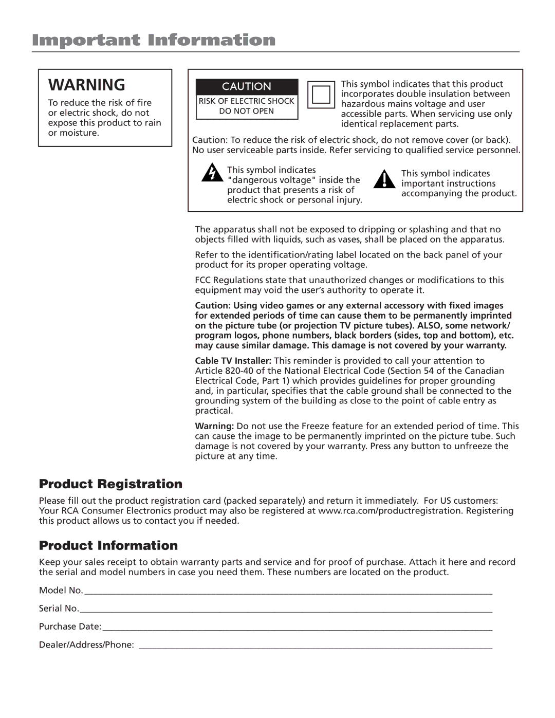 RCA D40W15B manual Important Information, Product Registration Product Information 