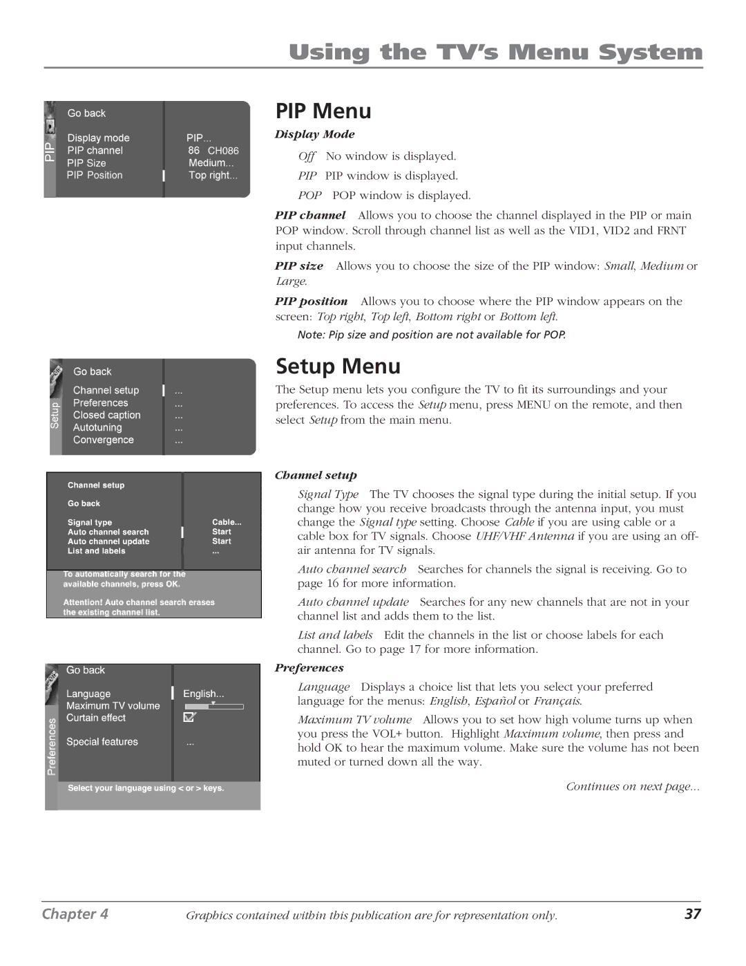 RCA D40W15B manual PIP Menu, Setup Menu 