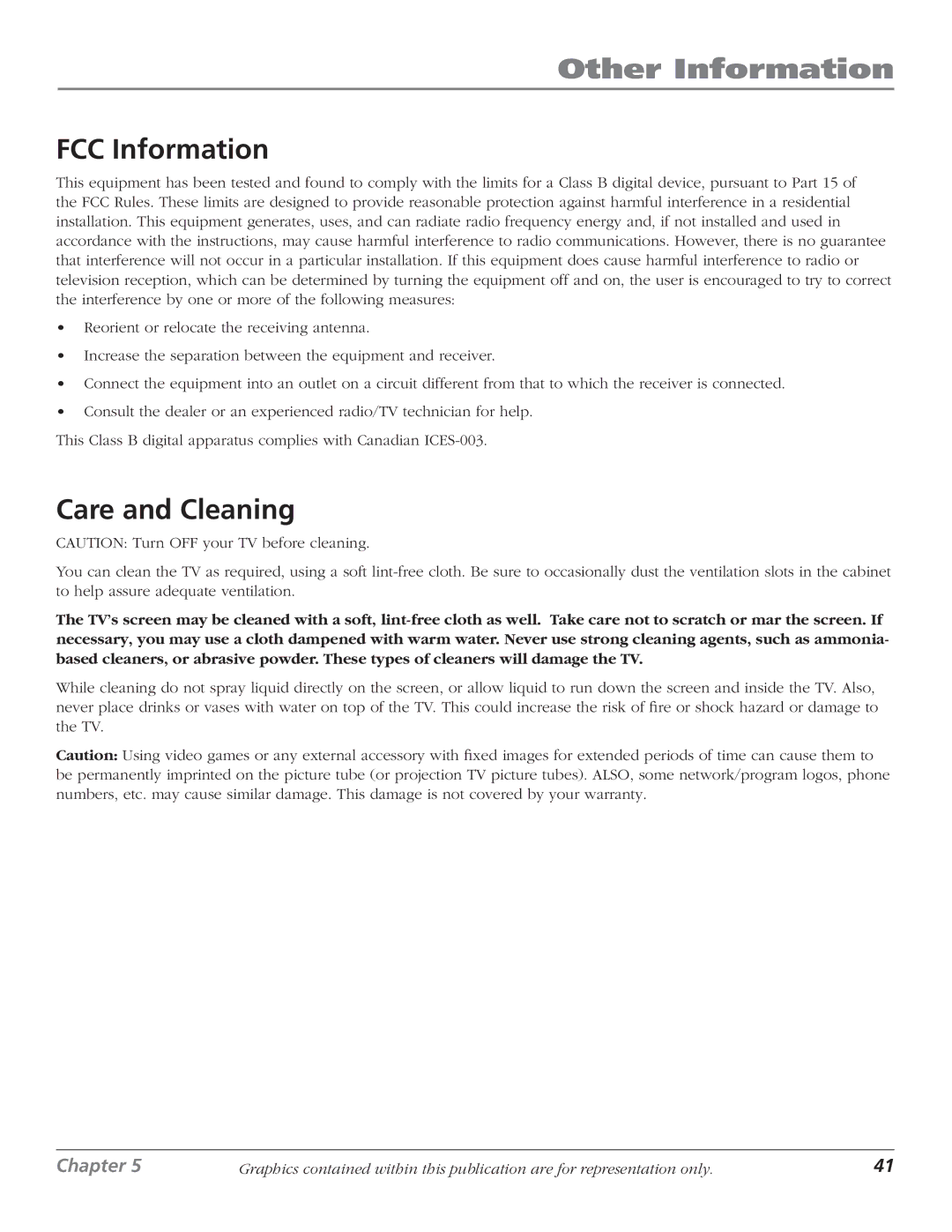 RCA D40W15B manual FCC Information, Care and Cleaning 