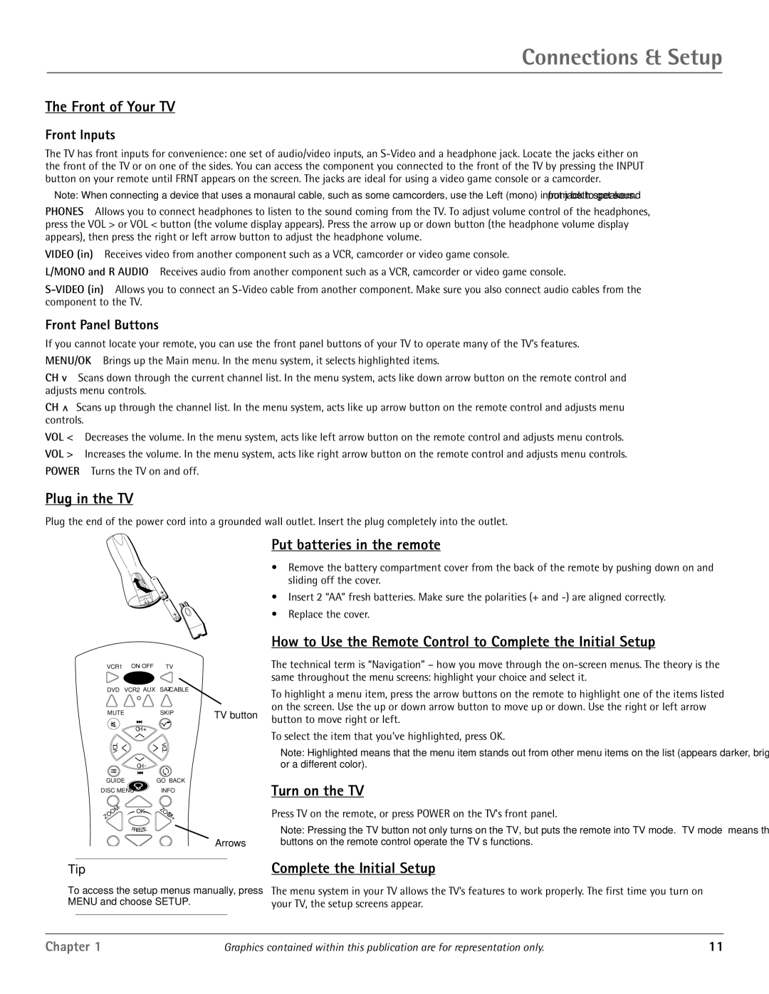 RCA D52W20 manual Front of Your TV, Plug in the TV, Put batteries in the remote, Turn on the TV, Complete the Initial Setup 