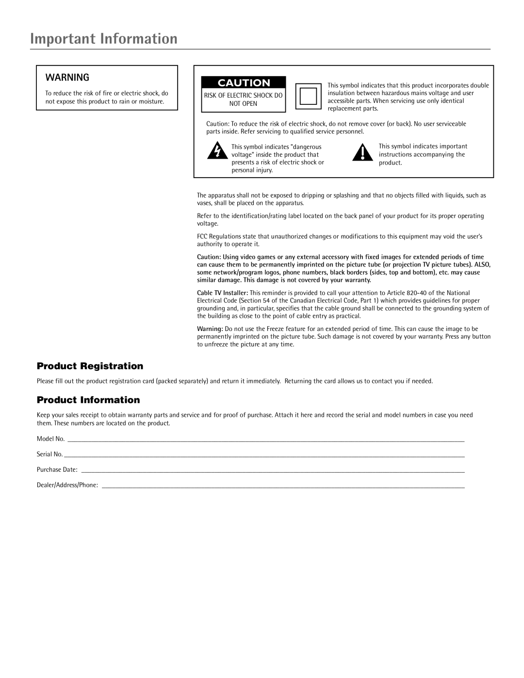 RCA D40W20, D52W20 manual Important Information, Product Registration 