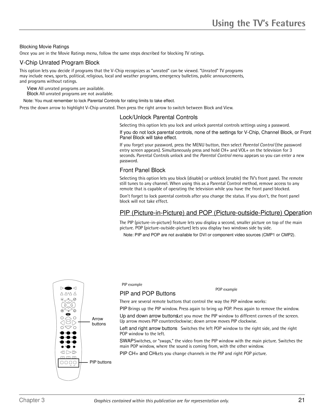 RCA D52W20, D40W20 manual Chip Unrated Program Block, Lock/Unlock Parental Controls, Front Panel Block, PIP and POP Buttons 