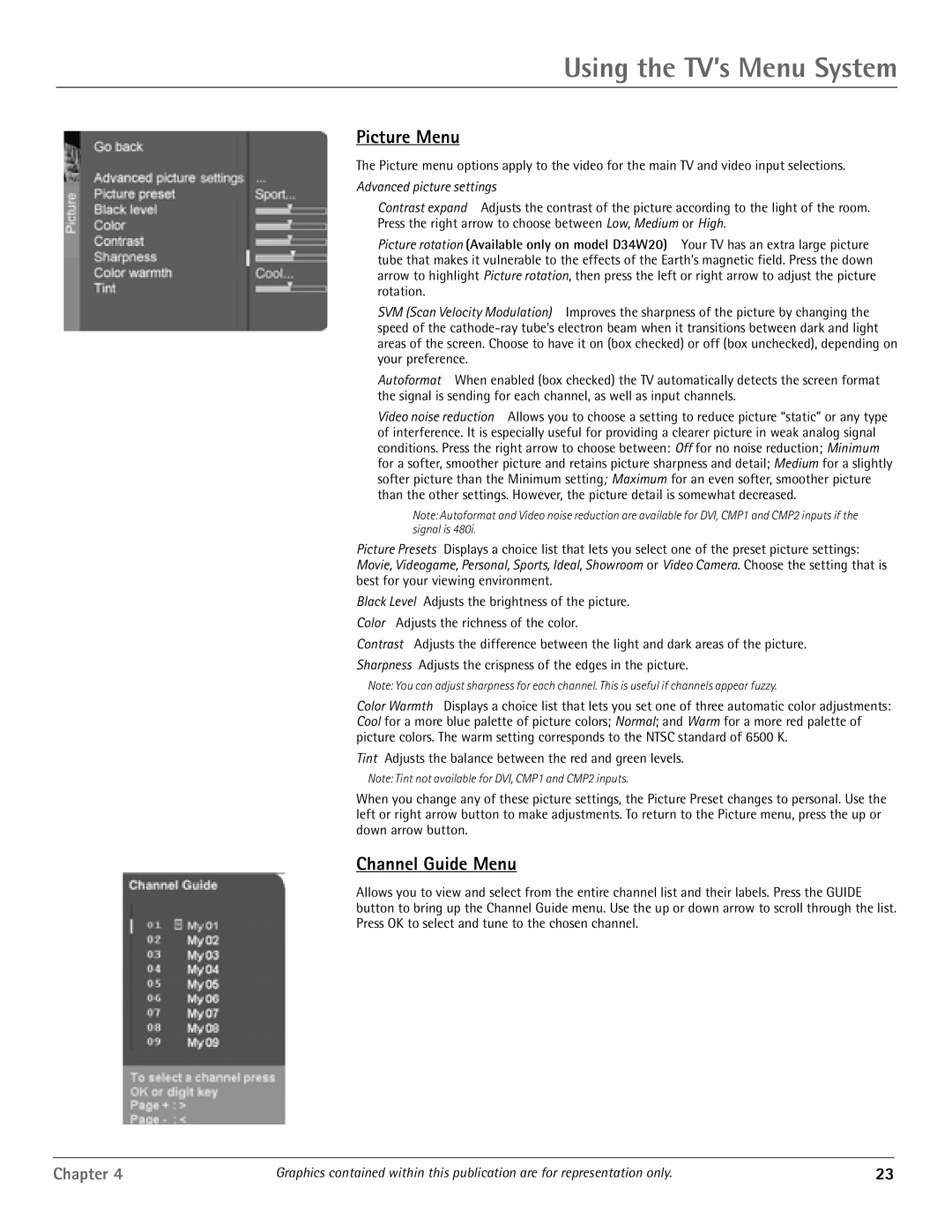 RCA D52W20, D40W20 manual Picture Menu, Channel Guide Menu 