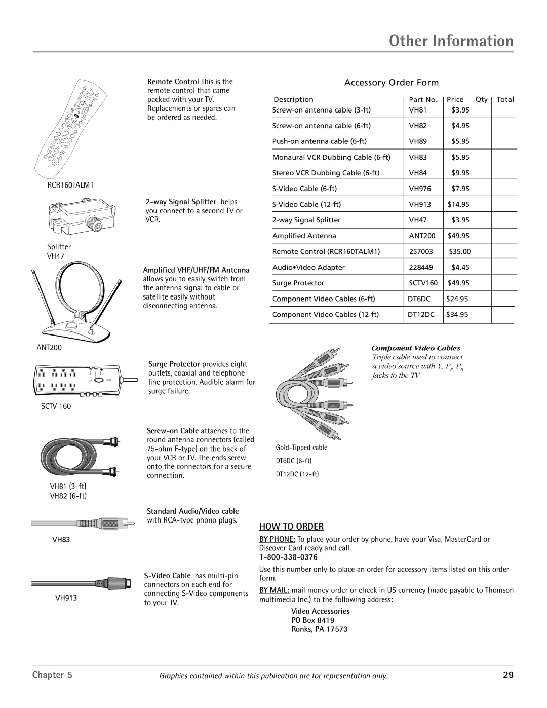 RCA D52W20, D40W20 manual RCR160TALM1, Video Accessories PO Box Ronks, PA 